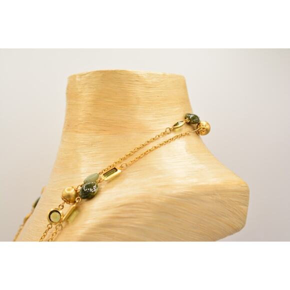 Premier Designs Vintage Station Necklace Green Bezel Brushed Gold Signed Bin2 - Picture 11 of 12